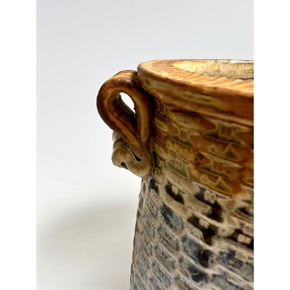 Brad Tucker Studio Pottery Basket Vase North Carolina Blue Brown Textured Glaze - Picture 6 of 9